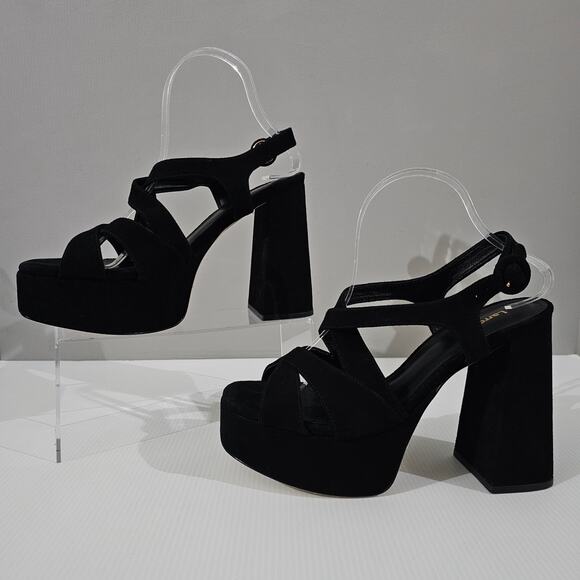 NEW Larroude Bee Platform Sandal Block Heel Black Suede Size 9 - Picture 2 of 12